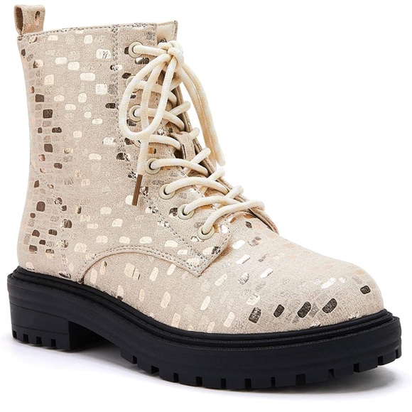 Beige Gold Fashion Combat Boots / Lug Sole / Lace-Front & Side Zip - Size 9 NWT - Picture 5 of 5